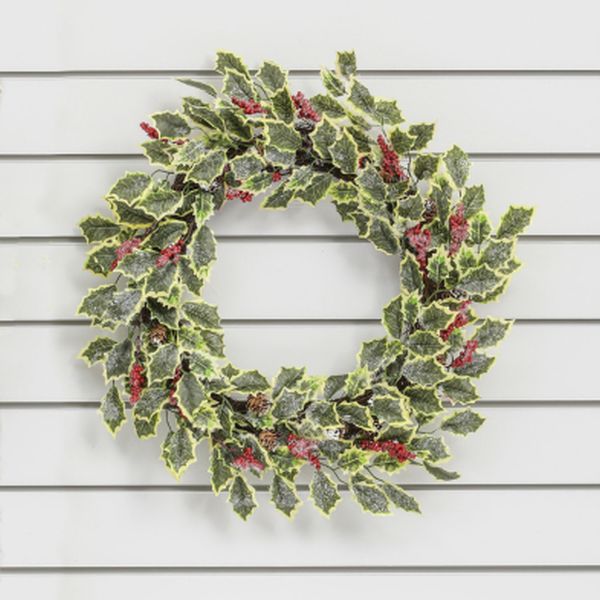 20in/50cm Variegated Holly, Berry & Cone Wreath