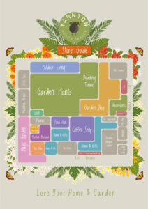 Illustration of store map showing department locations. Each is colour coded. Green for garden plants, blue for homewares and gifts, yellow for garden shop and so on.