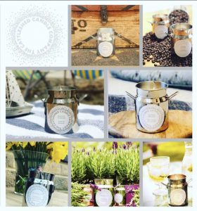 A montage of scented candles in milk churn shaped vessels from the Cattleshed Candle Company.