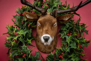 A toy reindeer head with an artificial wreath around its head