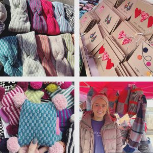 A four square montage of hand-knitted products and a portrait photograph of the textile designer Beth Richardson of Bethan Lily Knit.