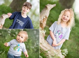 Three photographs featuring young children modelling t-shirts from Little Foxglove and set against a woodland background