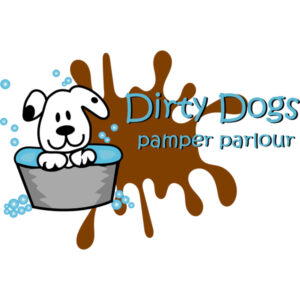 A graphic of a muddy dog splashing in a tin bath with a big splash of brown mud . Logo for Dirty Dogs Pamper Parlour.